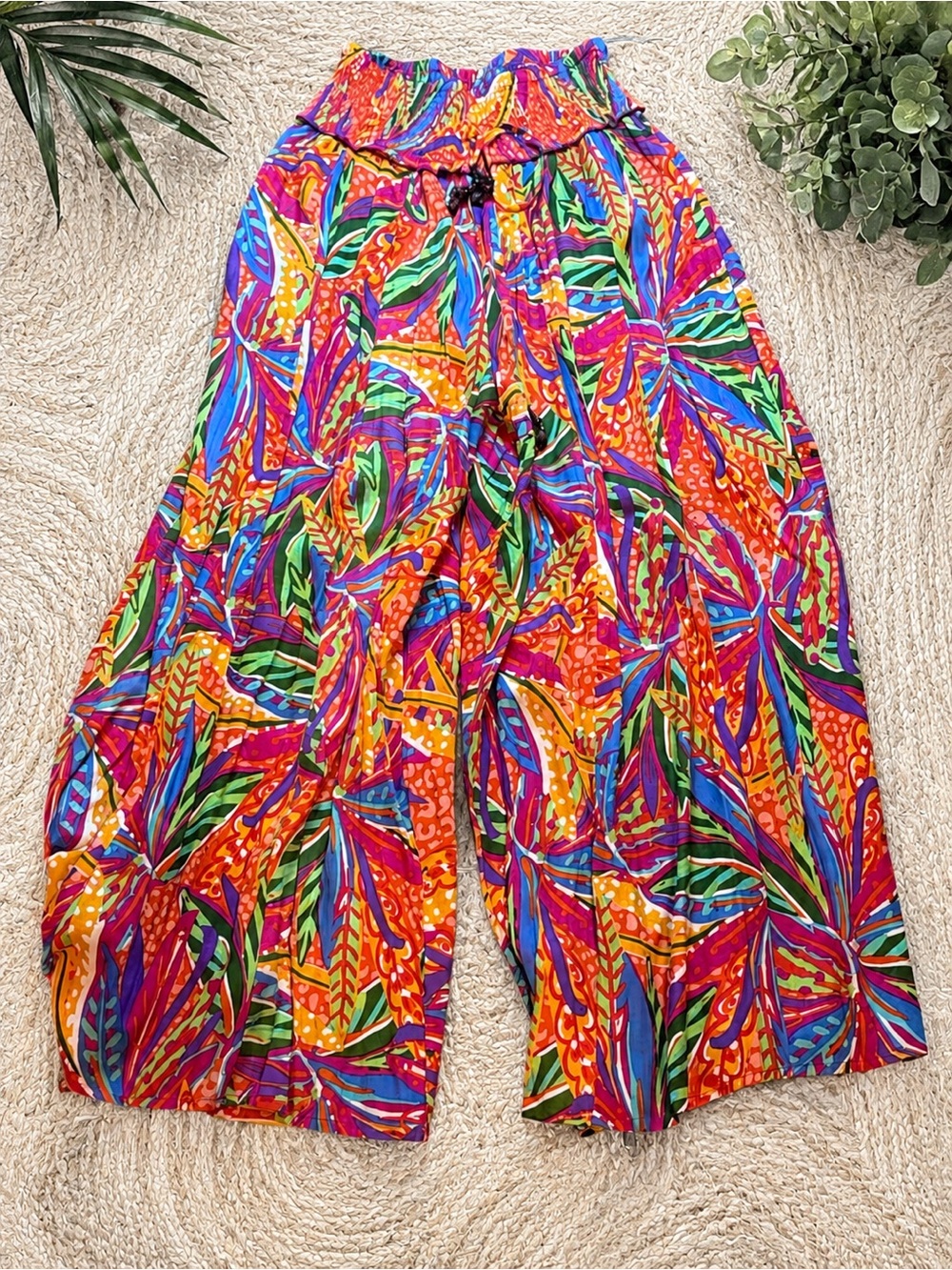 True Destinations Tropical Wide Leg Pants | Boho Resort Vacation Print | Size L